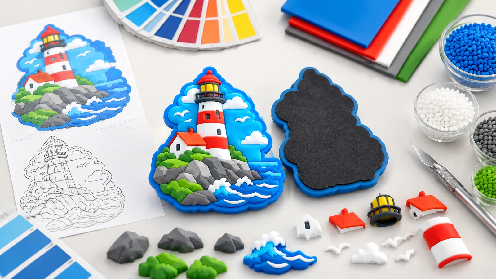 Imán ilustrativo de faro con arte, muestras de color, reverso negro y piezas decorativas separadas
