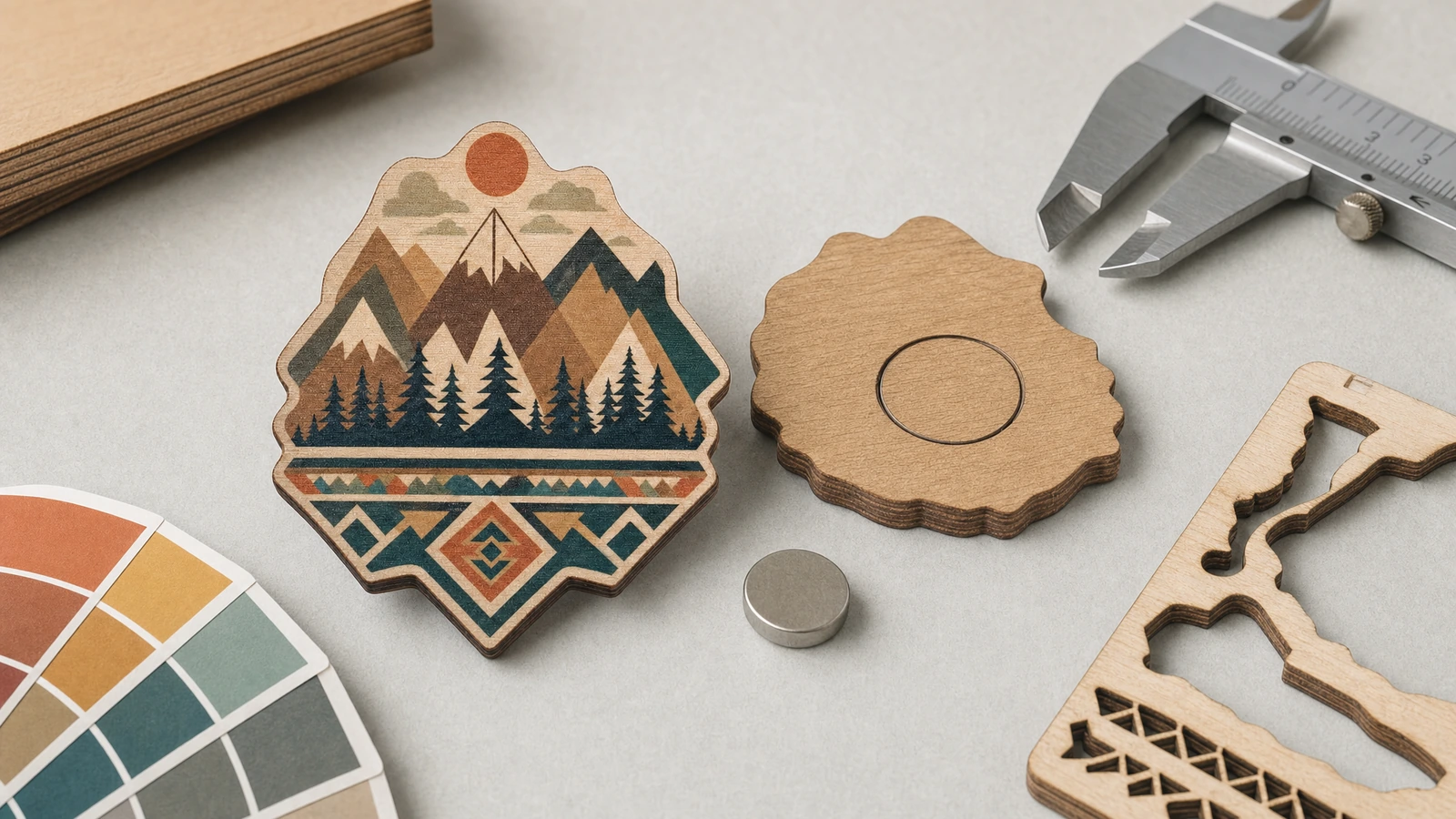 Imán de madera de diseño de montaña ilustrativo, pieza trasera, imán suelto y calibre sobre una superficie de trabajo