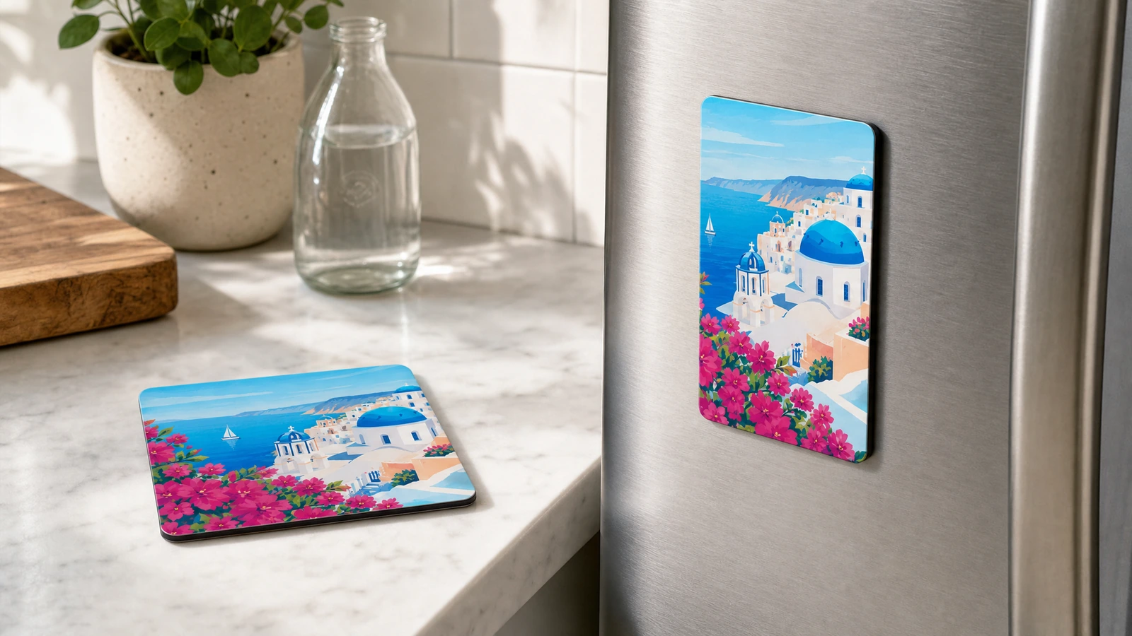 Imanes con diseño de playa a juego, expuestos planos sobre una encimera de cocina y en vertical sobre una nevera