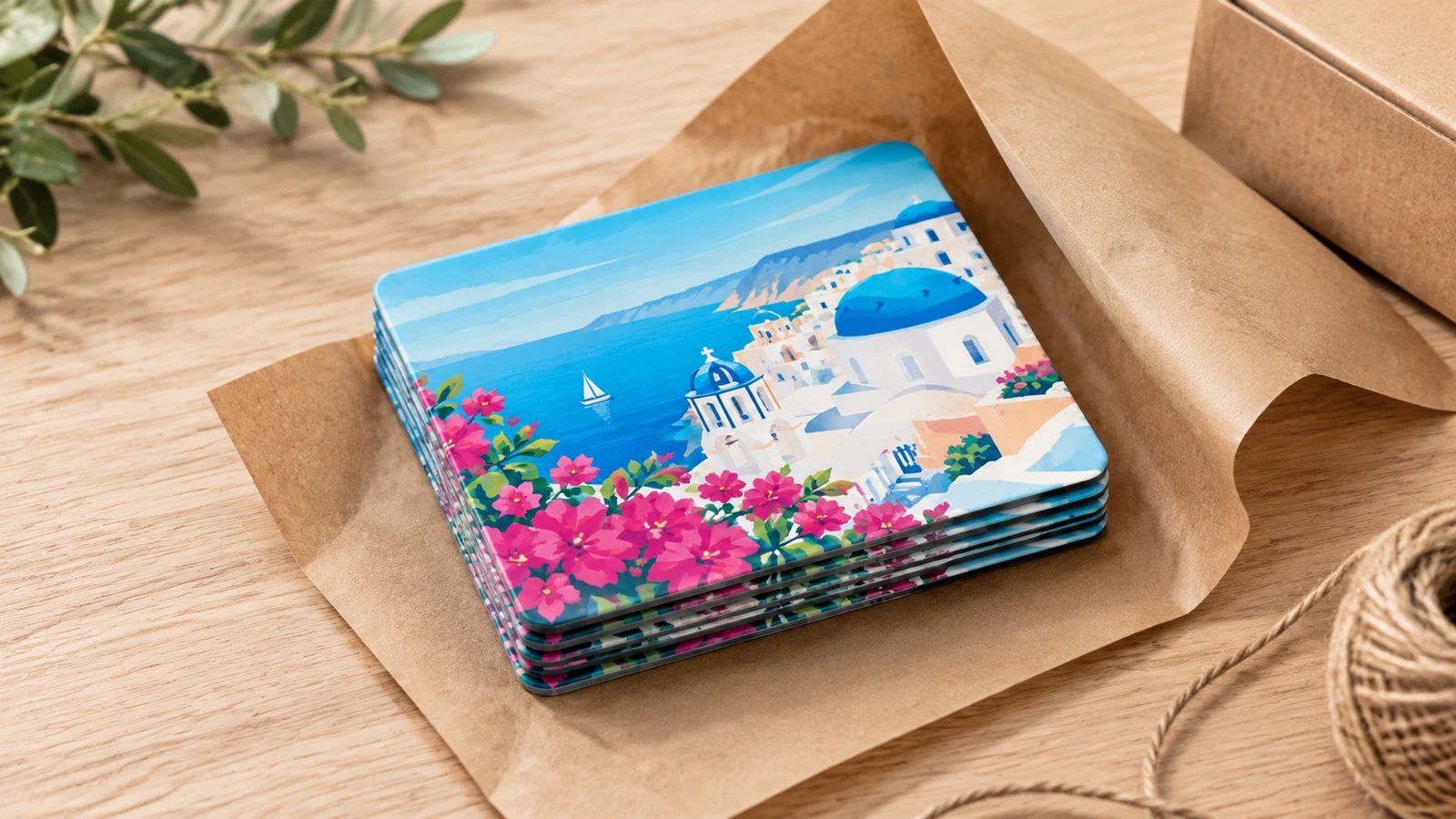 Una pila ordenada de imanes para nevera con diseño de playa sobre papel de envolver marrón, junto a una caja de cartón