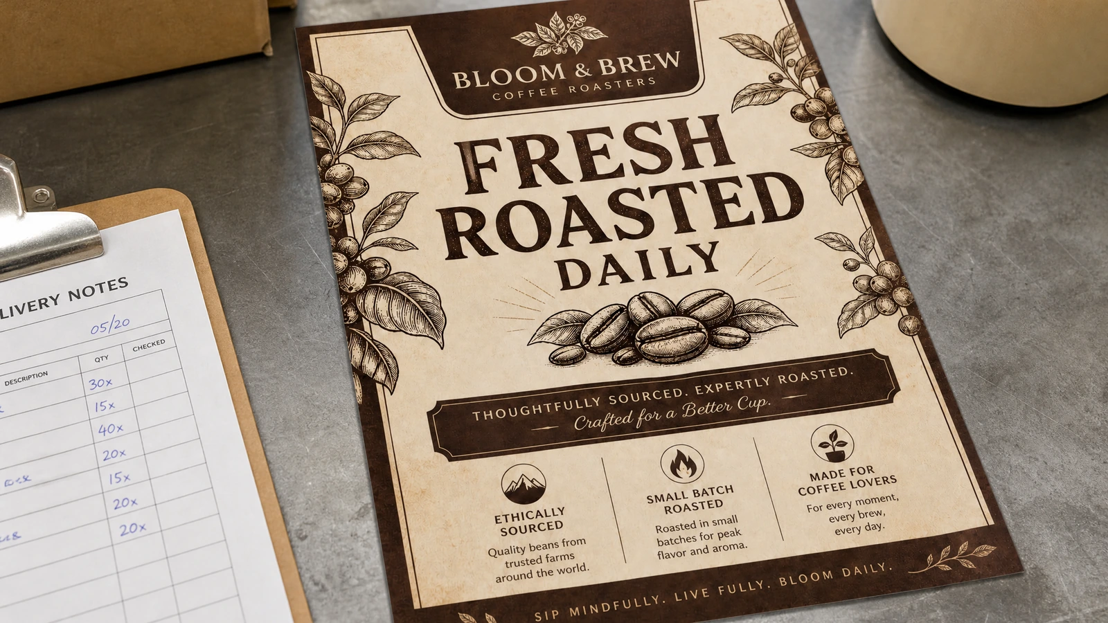 Primer plano ilustrativo de un folleto promocional de café junto a un portapapeles