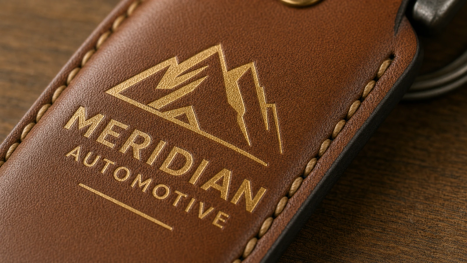 Primer plano de un llavero marrón cosido con un emblema dorado de montaña y el texto Meridian Automotive