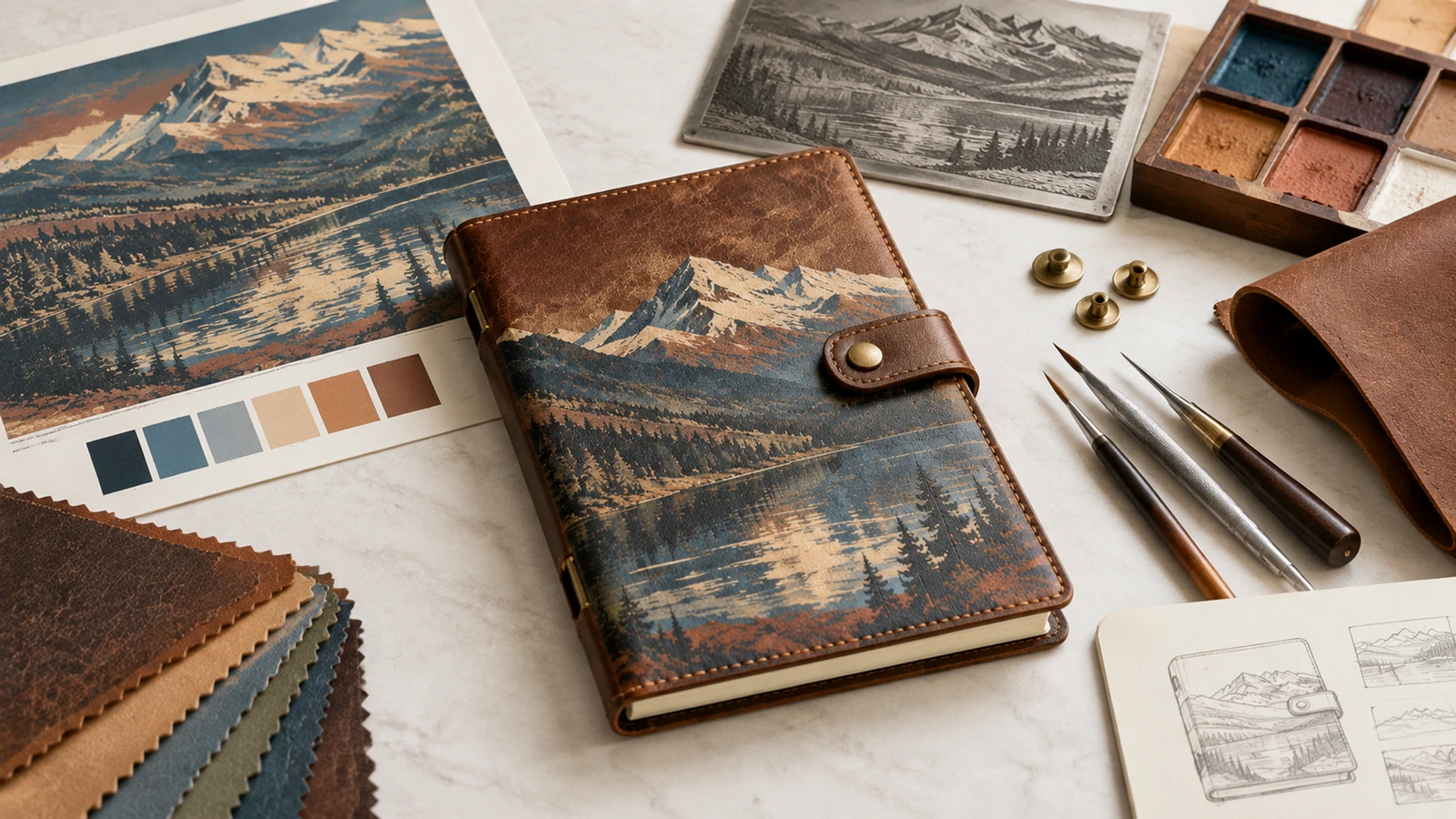 Cuaderno ilustrativo marrón con estampado de montañas junto a una ilustración, muestras de materiales y herramientas de dibujo