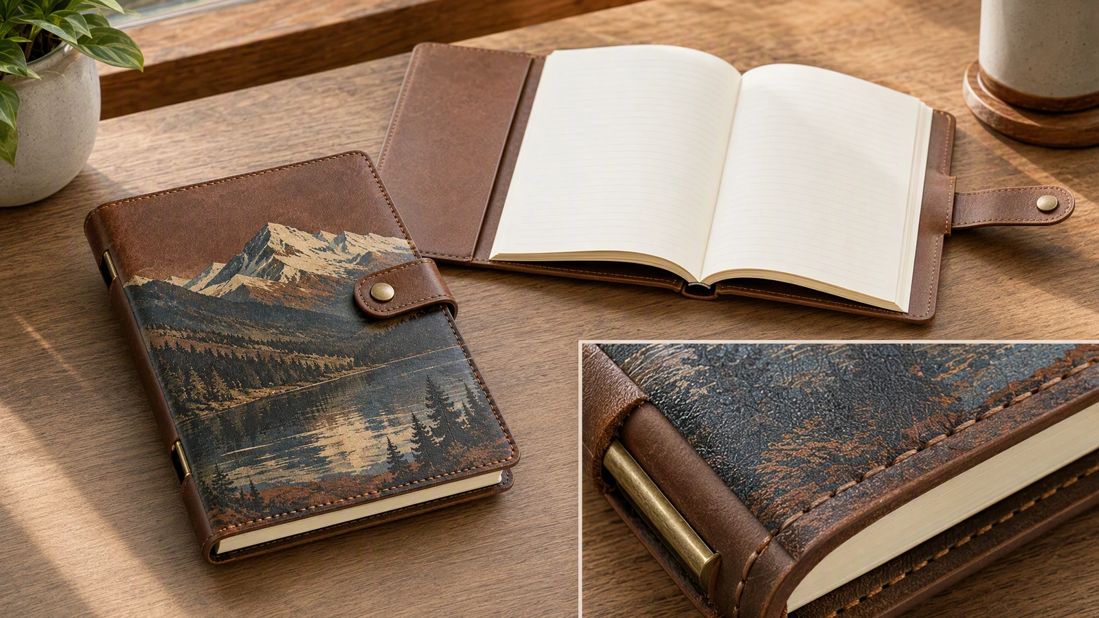 Ilustración de un cuaderno cerrado con estampado de montañas junto a un inserto abierto de estilo libro con un detalle de borde cosido en recuadro