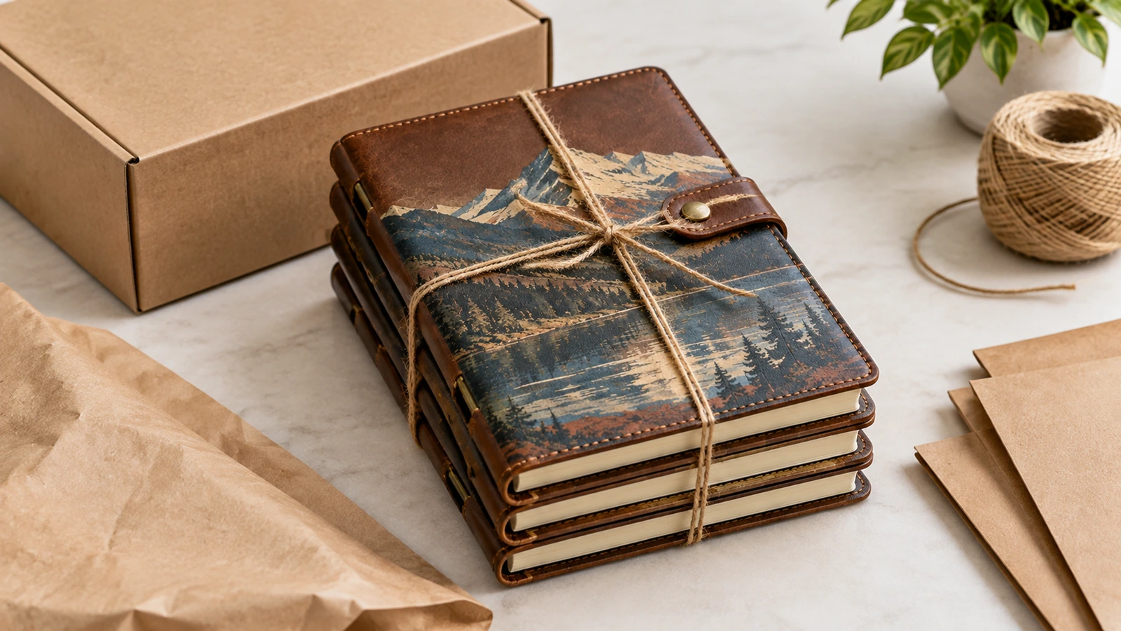 Ilustración de una pila de cuadernos con estampado de montañas atados con cordel, junto a una caja de cartón y papel de embalaje