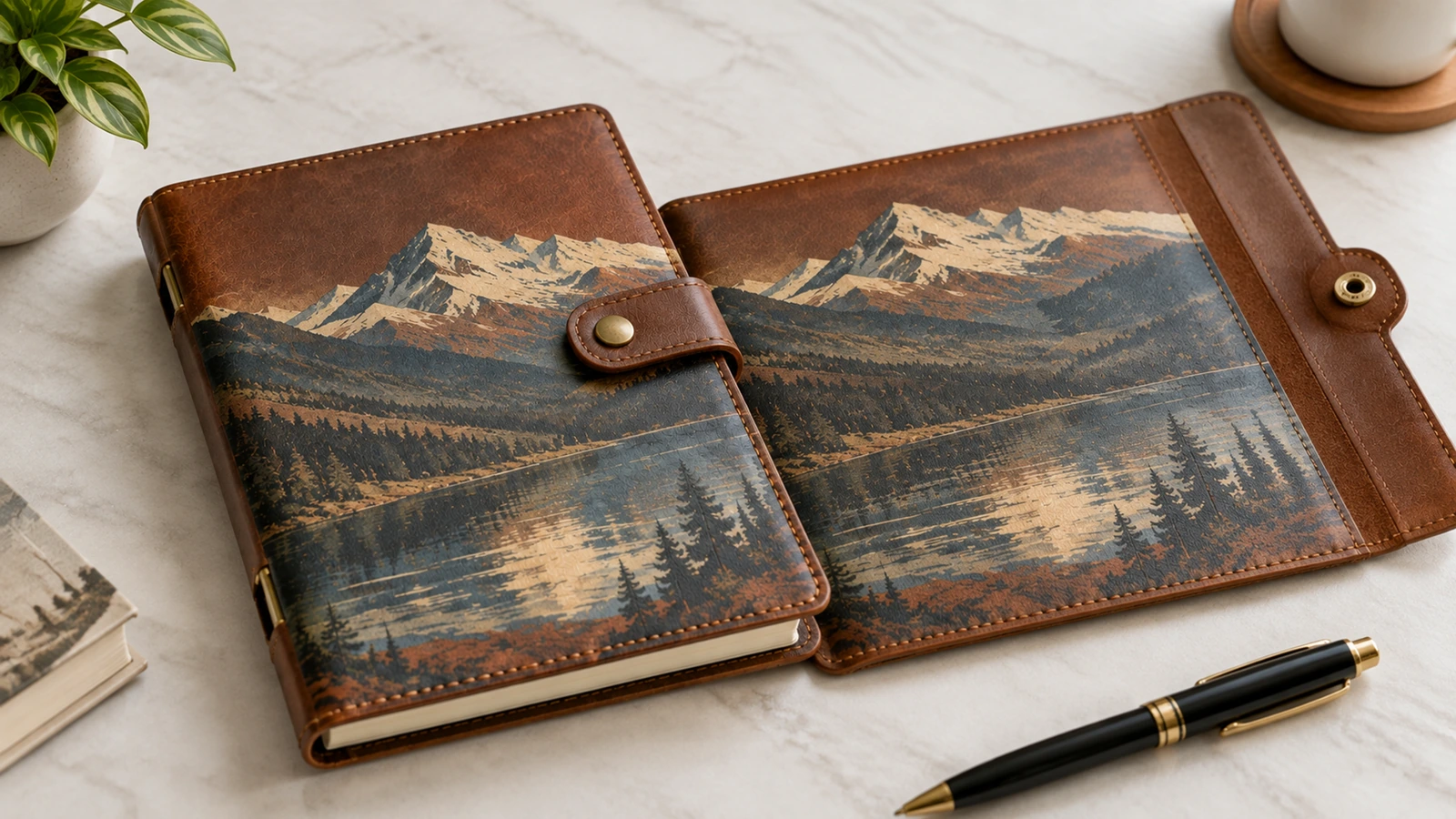 Ilustración de un cuaderno con estampado de montañas junto a una cubierta desplegada con pestaña de broche sobre un escritorio