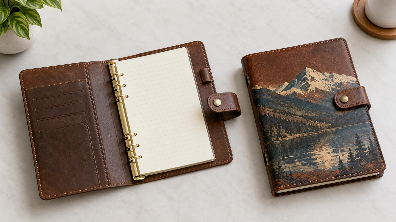 Ilustración de un cuaderno de anillas abierto con ranuras interiores para tarjetas, junto a un cuaderno cerrado con pestaña de broche