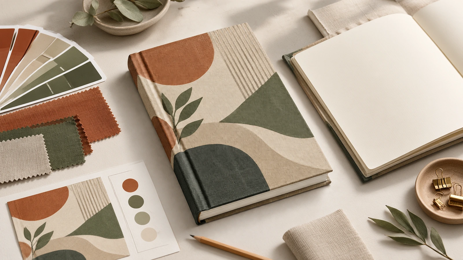 Concepto de diseño de cuaderno con cubierta de tela Cuaderno ilustrativo de cubierta de tela estampada y cuaderno abierto en blanco junto a muestras de tela y referencias de color