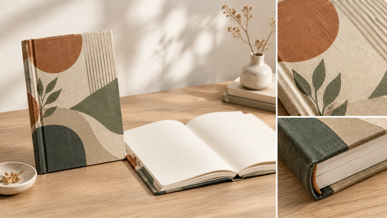 Detalle de la cubierta, el interior y la tela del cuaderno Cuaderno de pie ilustrativo y páginas rayadas abiertas, con primeros planos de la textura de la tela y de una esquina de la cubierta