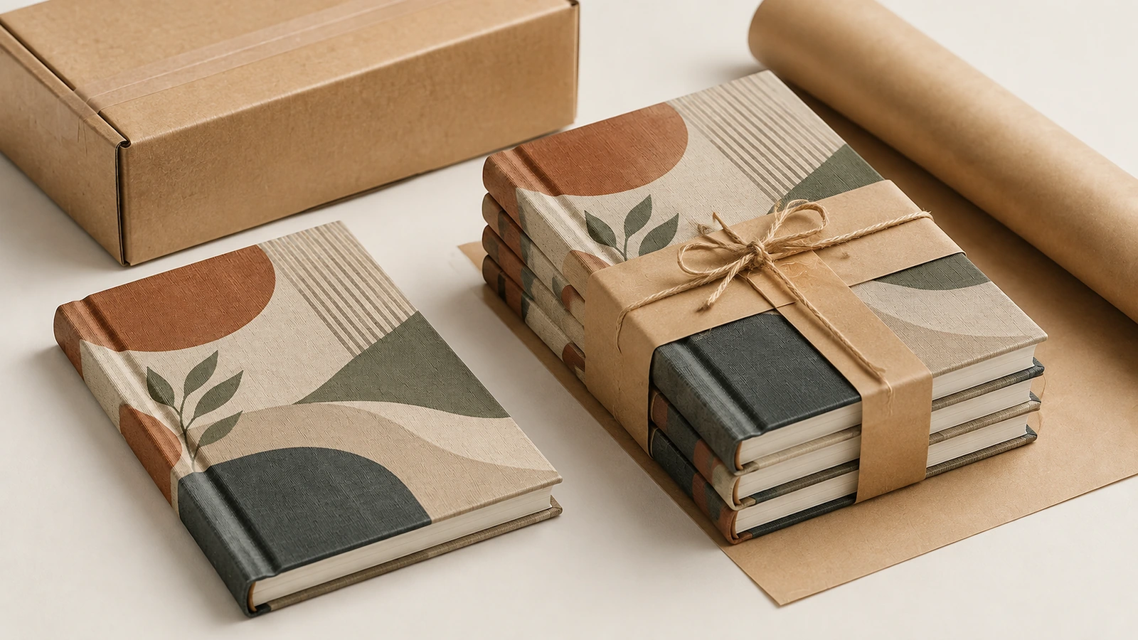 Cuadernos con materiales de embalaje kraft Pila de cuadernos ilustrativa con bandas kraft y cordel, junto a una caja de cartón y papel de embalaje