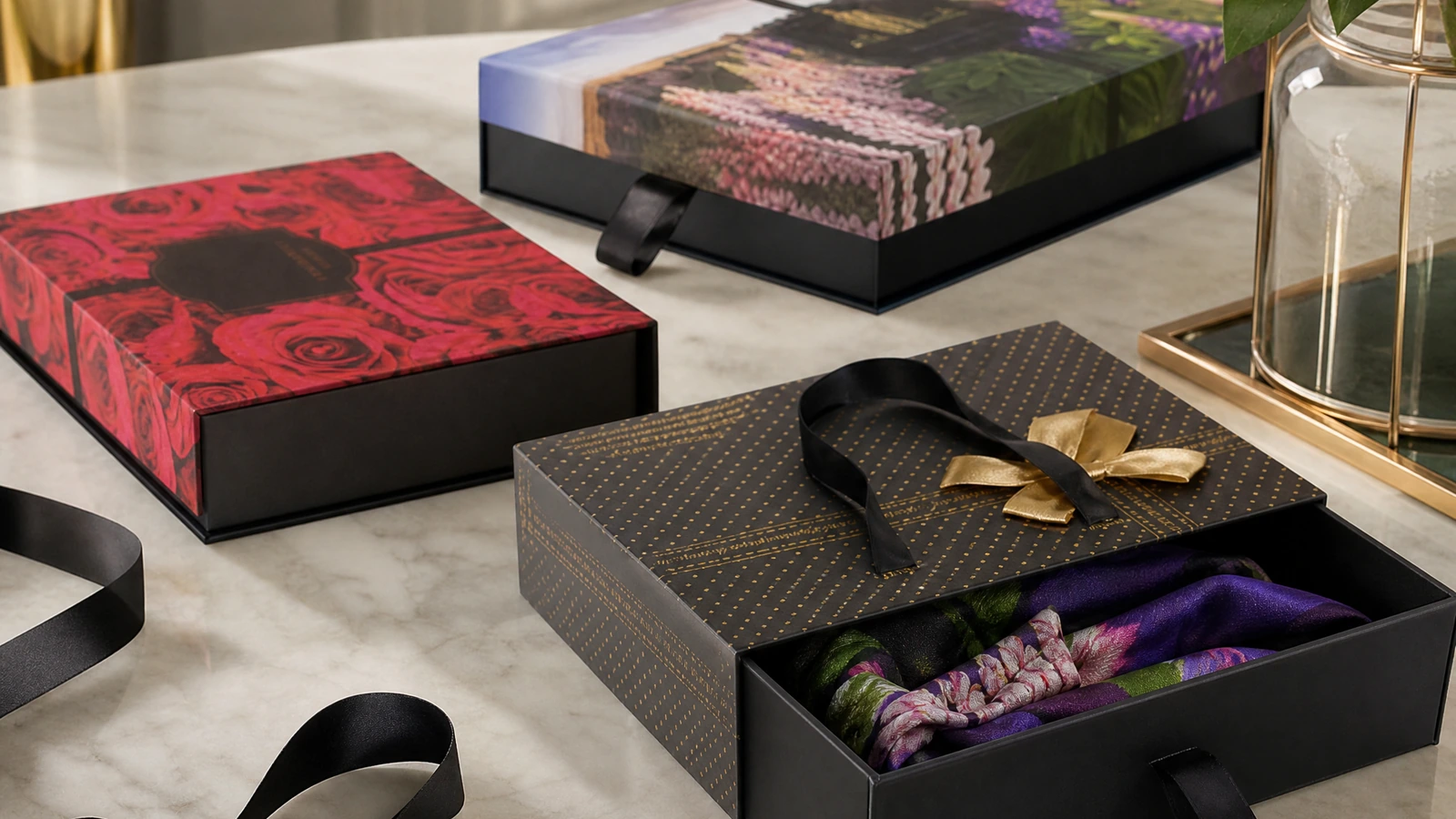 Cajas tipo cajón con motivos florales y decoración con cinta, incluida una bandeja abierta con tela en el interior