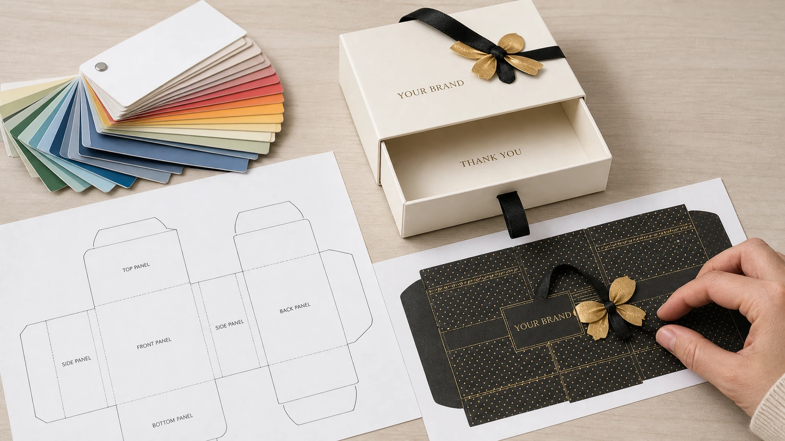 Maqueta de diseño con muestras de color, una envoltura plana impresa y una bandeja abierta de caja de regalo