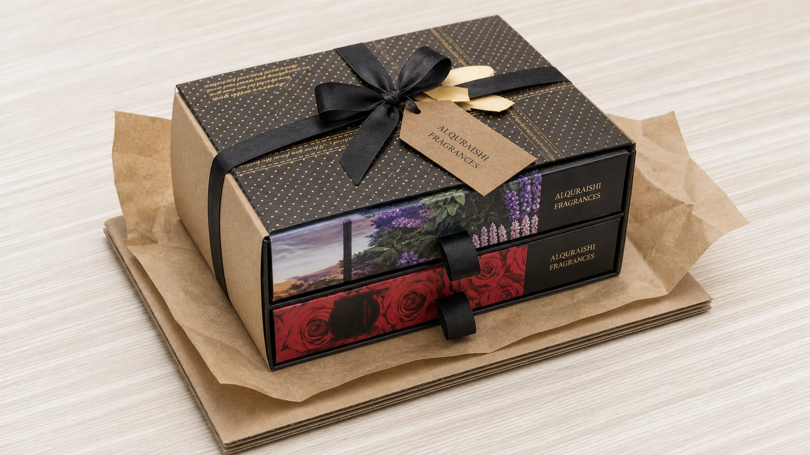 Tres cajas de regalo tipo cajón apiladas sobre papel kraft, con una cinta y una etiqueta de regalo