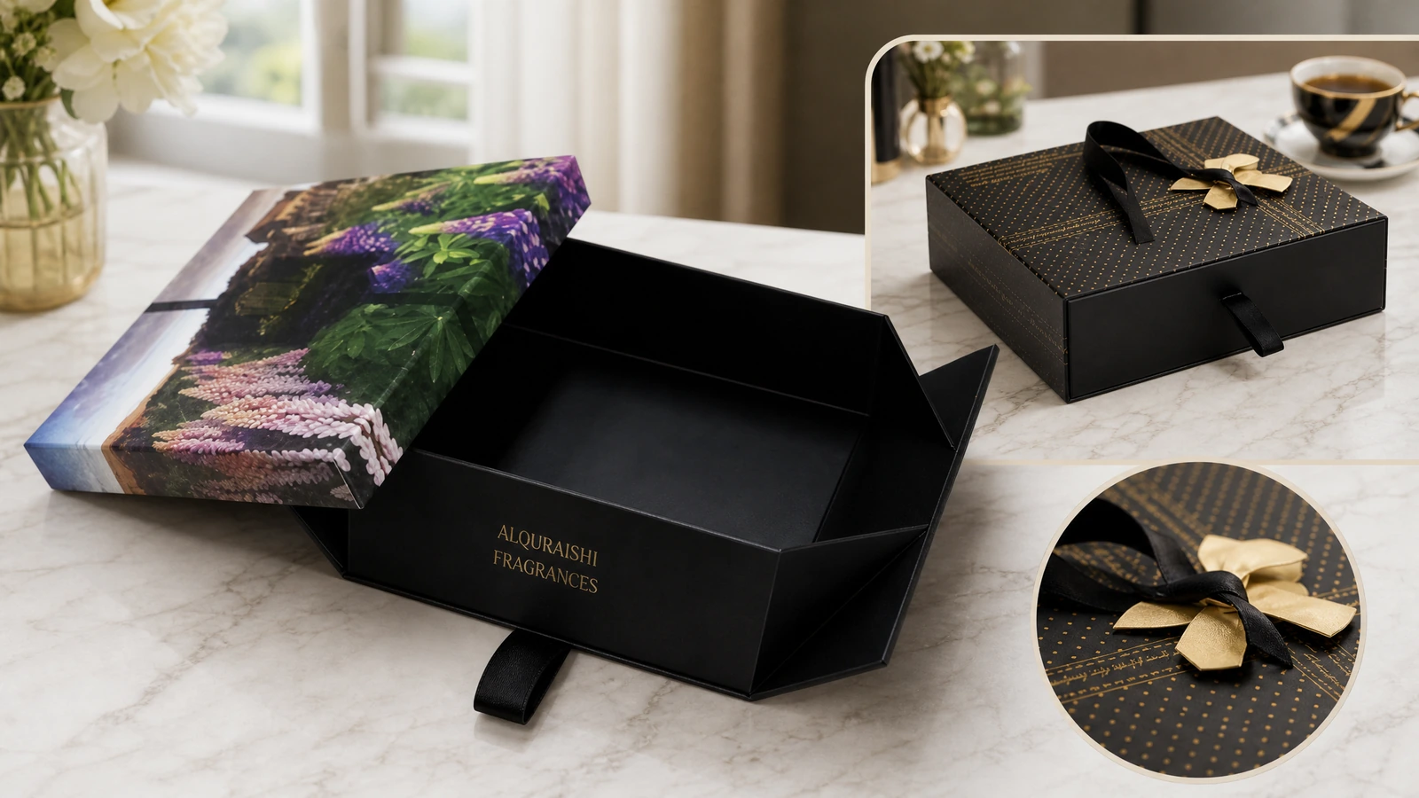 Collage de una caja tipo cajón abierta con estampado floral, una caja decorada con cinta y un detalle de lazo