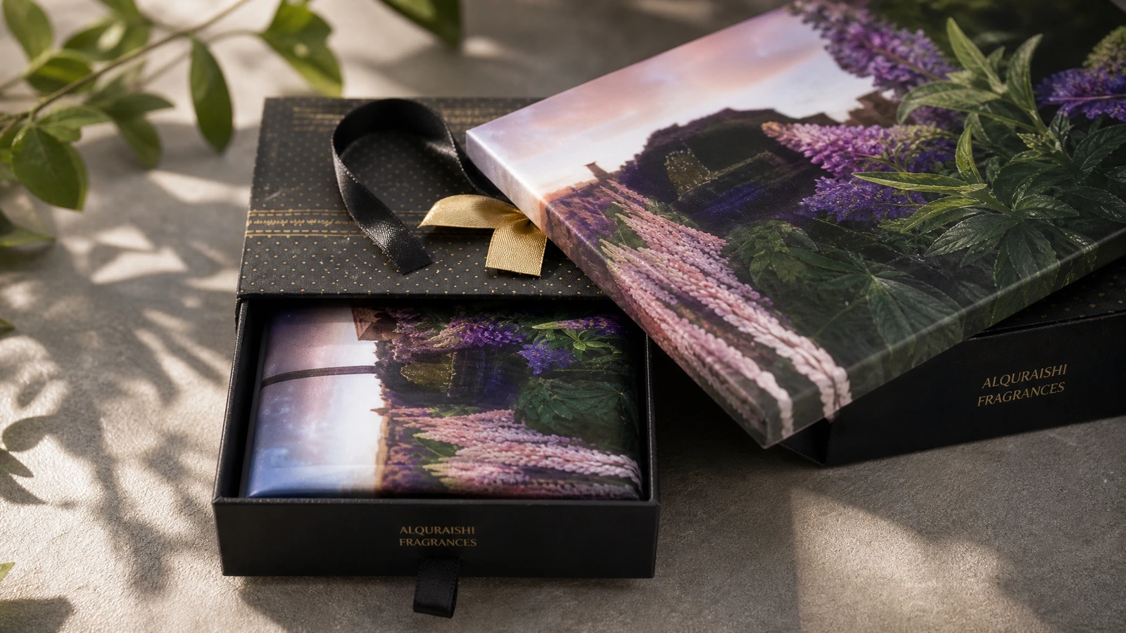 Caja de regalo tipo cajón abierta con estampado floral y un artículo impreso a juego en el interior
