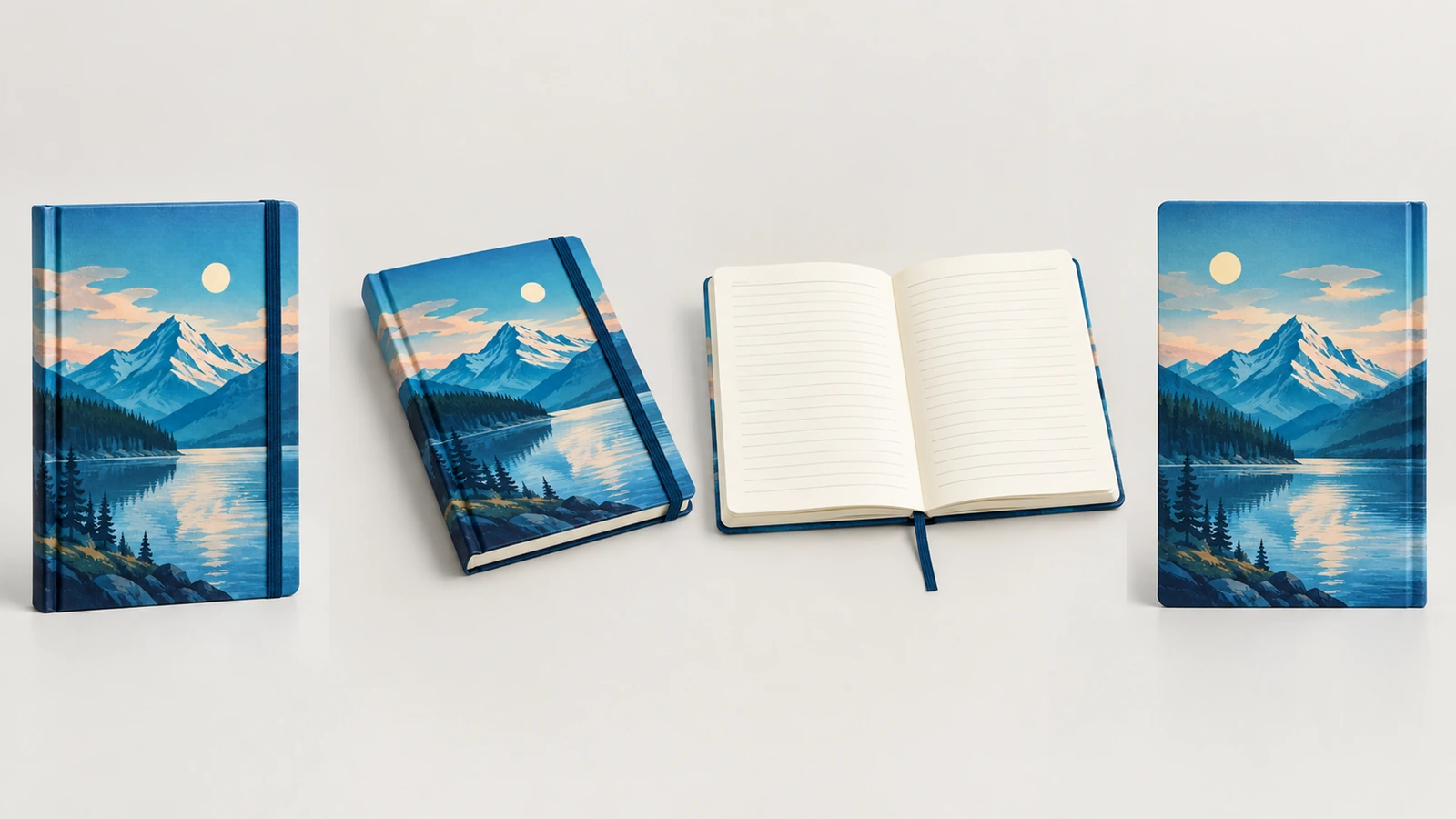Ilustración de un cuaderno de pie, cerrado y abierto, con marcapáginas de cinta