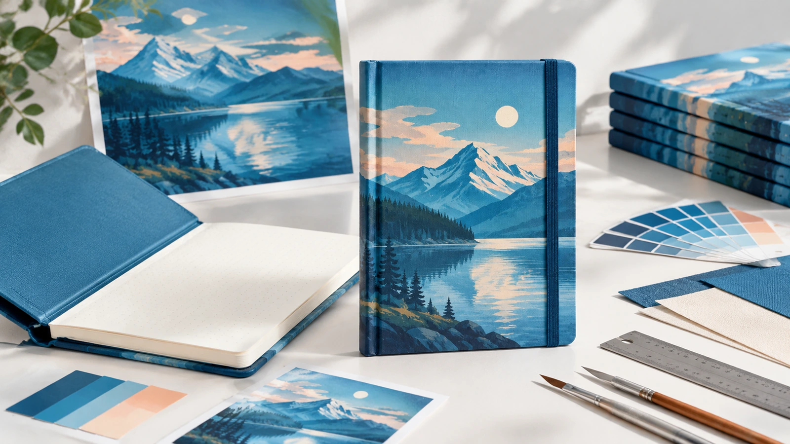 Ilustración de cuadernos de tapa dura con paisaje de lago de montaña junto a arte impreso, muestras de color y herramientas de diseño