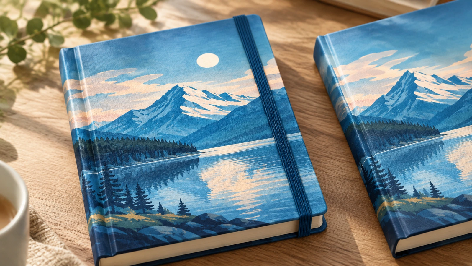 Ilustración de cuadernos de tapa dura con paisaje de lago de montaña sobre una mesa de madera