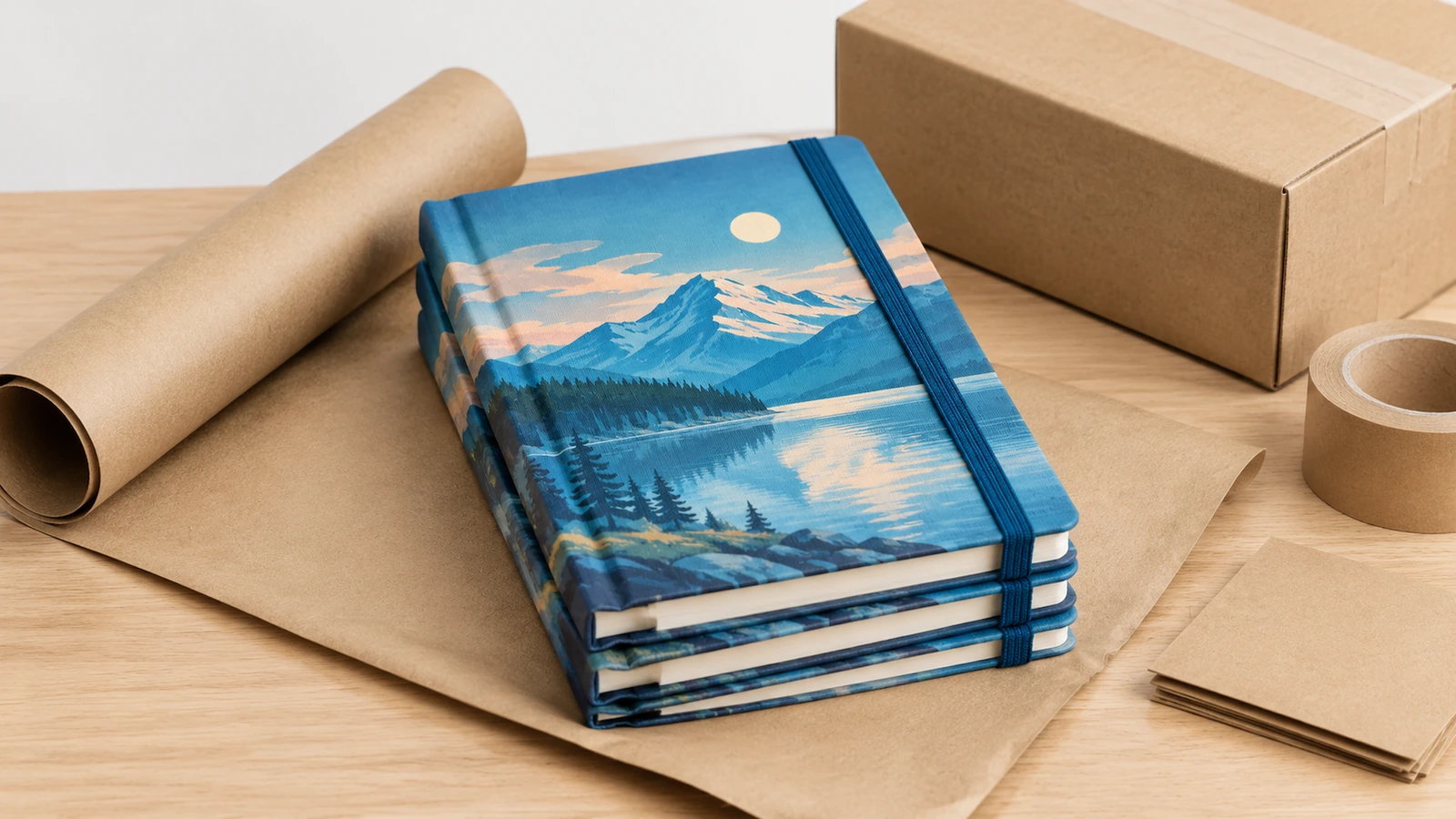 Ilustración de una pila de cuadernos con paisaje de lago de montaña junto a una caja de cartón y papel kraft de embalaje