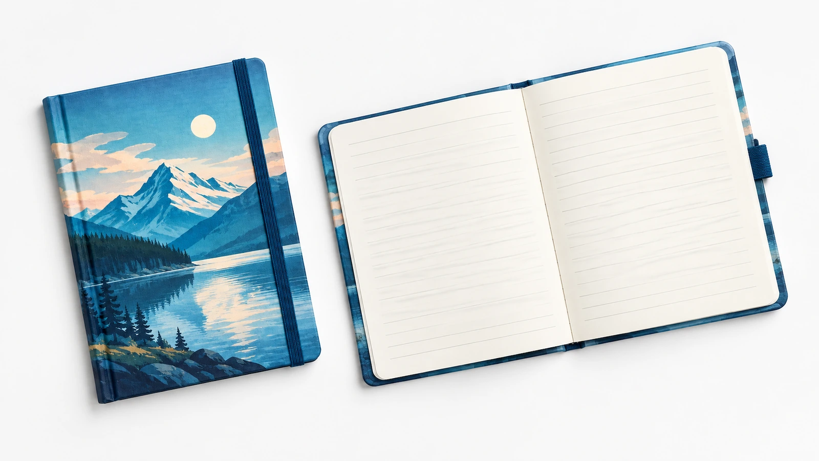 Ilustración de un cuaderno cerrado con paisaje de lago de montaña junto a un cuaderno abierto de hojas rayadas con cubierta azul