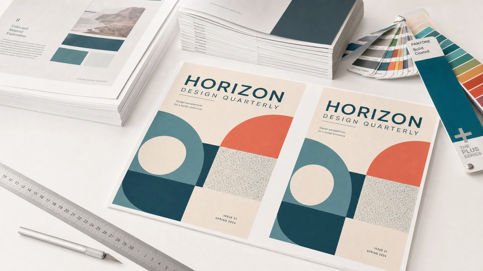 Revistas de diseño y hojas impresas junto a muestras de color, una regla y herramientas de dibujo