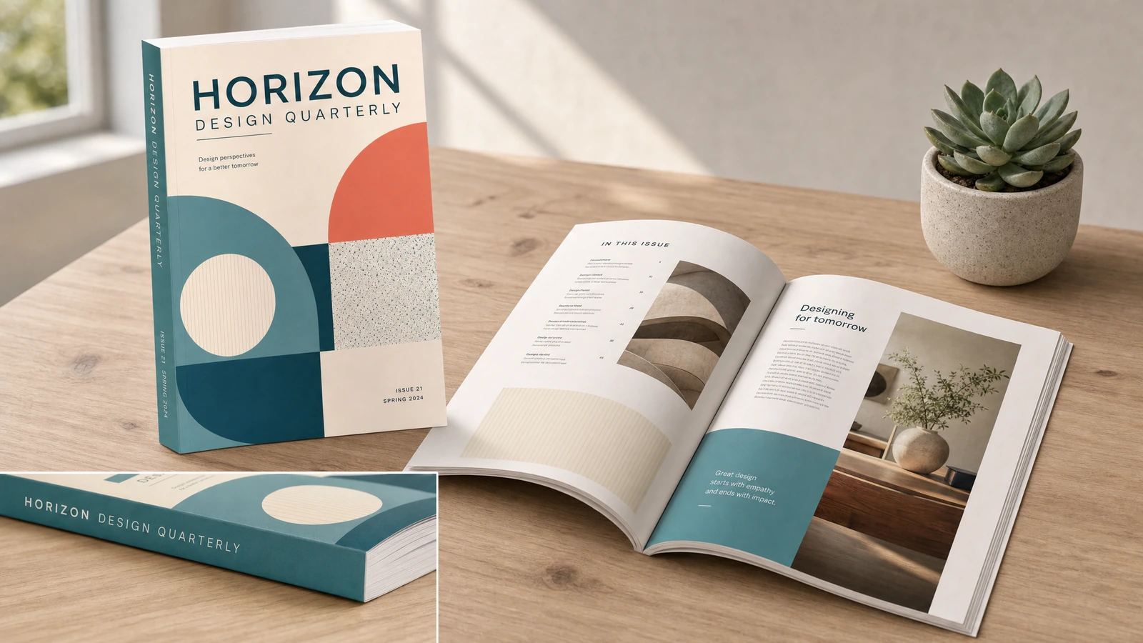 Revistas de diseño expuestas en vertical, apiladas y abiertas sobre una mesa de madera