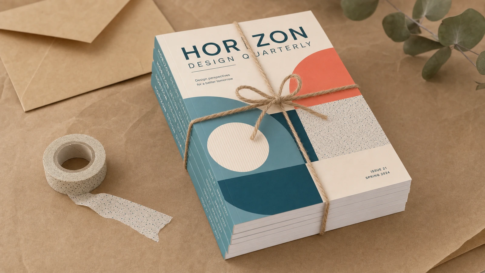 Pila de revistas de diseño atada con cordel sobre papel de embalaje marrón, junto a cinta adhesiva
