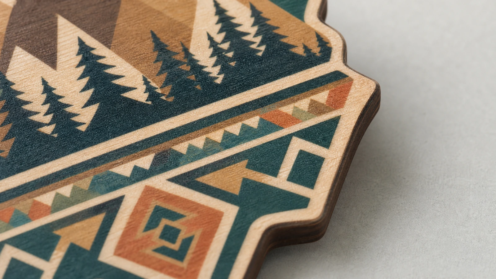 Detalle ilustrativo de un arte de montañas y formas geométricas en color sobre una cara de madera con forma