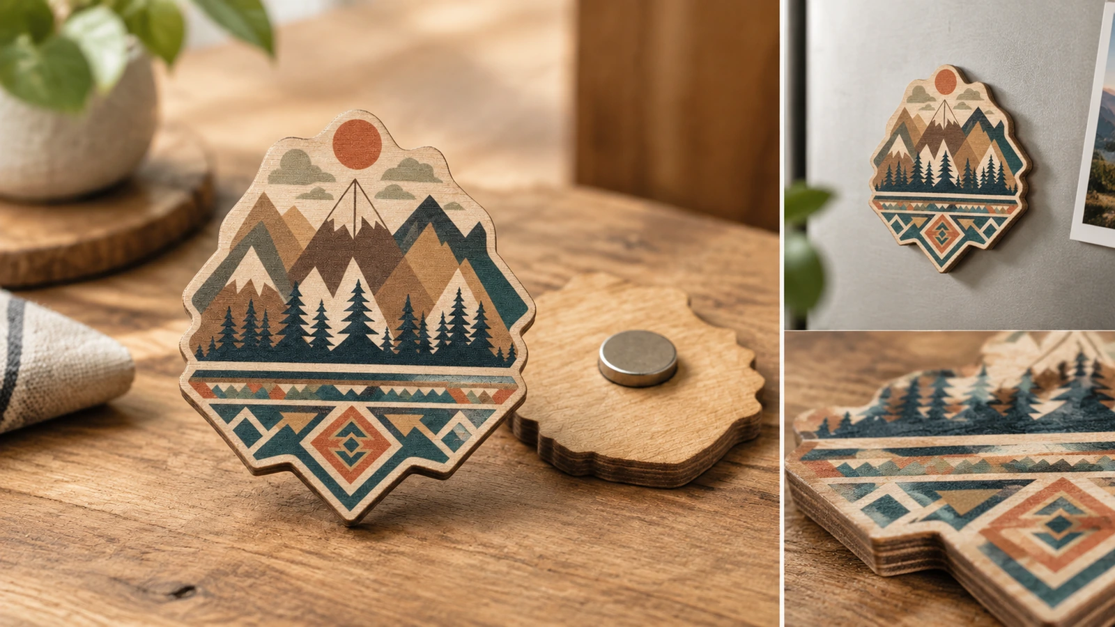 Collage ilustrativo del anverso y reverso de un imán de madera, su colocación en el refrigerador y el detalle del canto