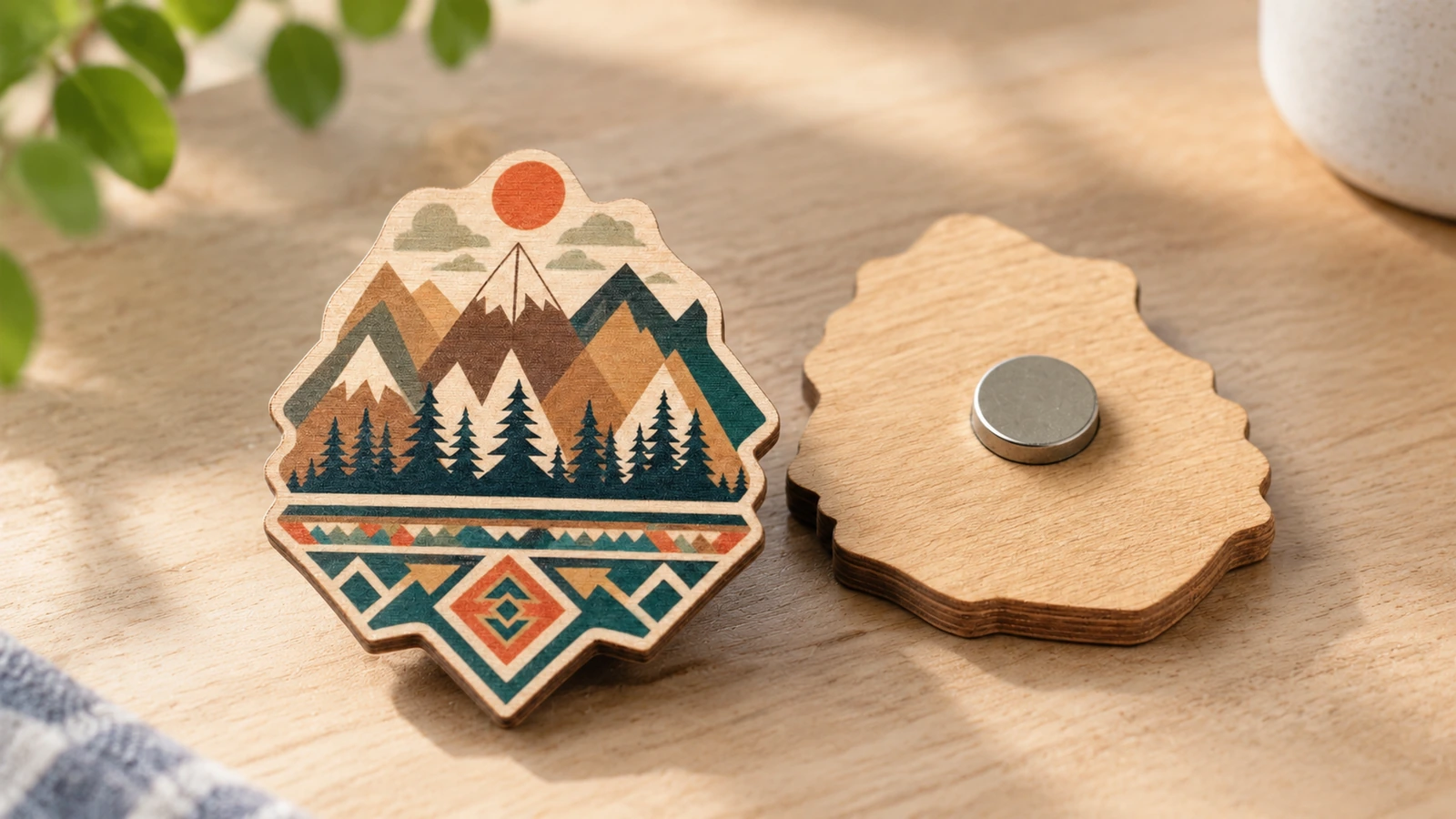 Imán de madera de diseño de montaña ilustrativo y reverso con un imán redondo sobre una superficie de madera