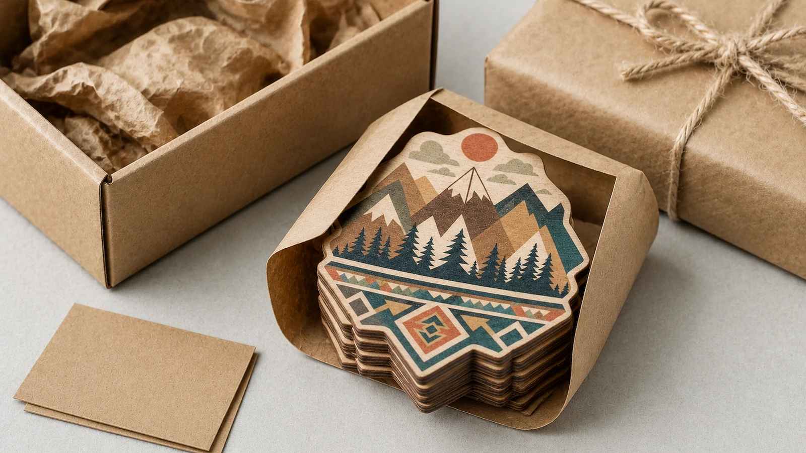 Imanes de madera apilados de forma ilustrativa en una funda de papel kraft junto a una caja rellena de papel