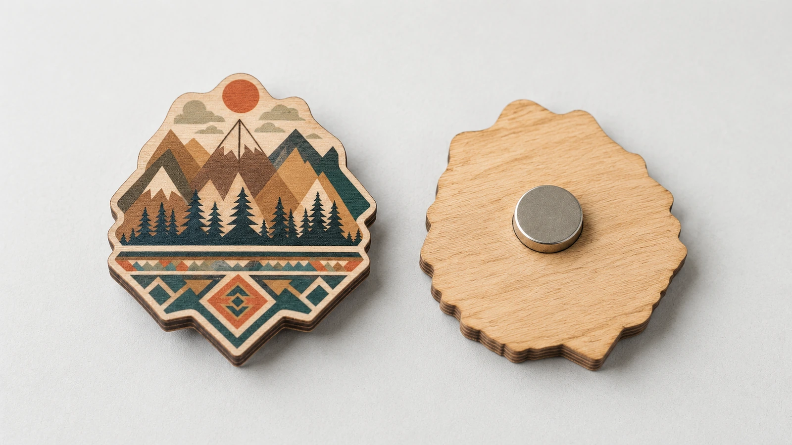 Vista frontal y trasera ilustrativa de un imán de madera de diseño de montaña con un imán redondo de respaldo