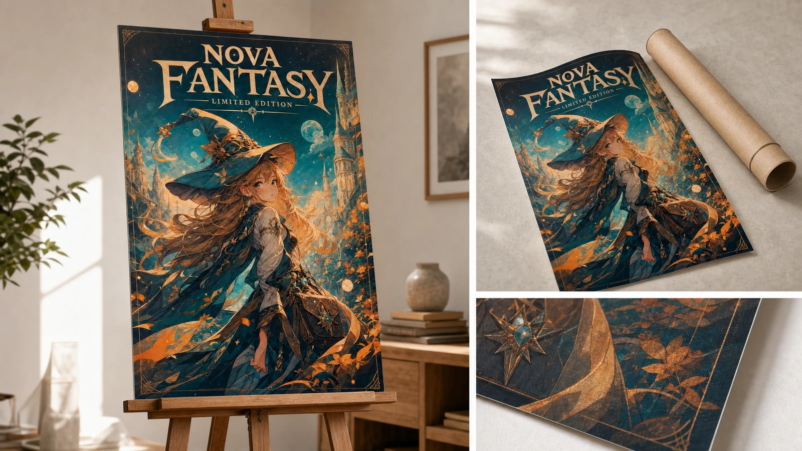 Póster de arte fantástico expuesto en un caballete, con embalaje insertado y vistas de detalle de la impresión