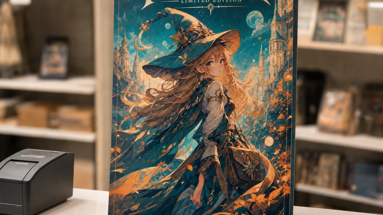 Póster de arte fantástico de pie sobre un mostrador de tienda