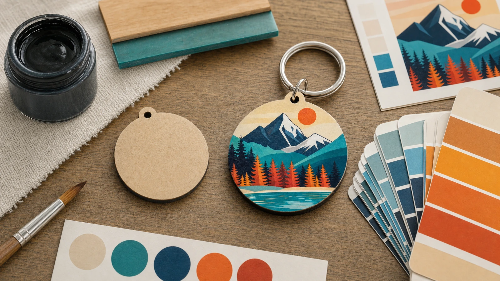 Ilustración de un llavero redondo de MDF con diseño de montaña junto a un disco en blanco, un arte gráfico y muestras de color