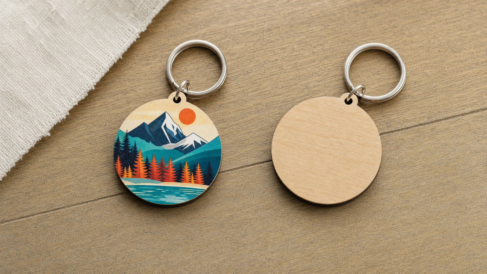 Ilustración de un llavero con diseño de montaña junto a un reverso redondo liso sobre una superficie de madera