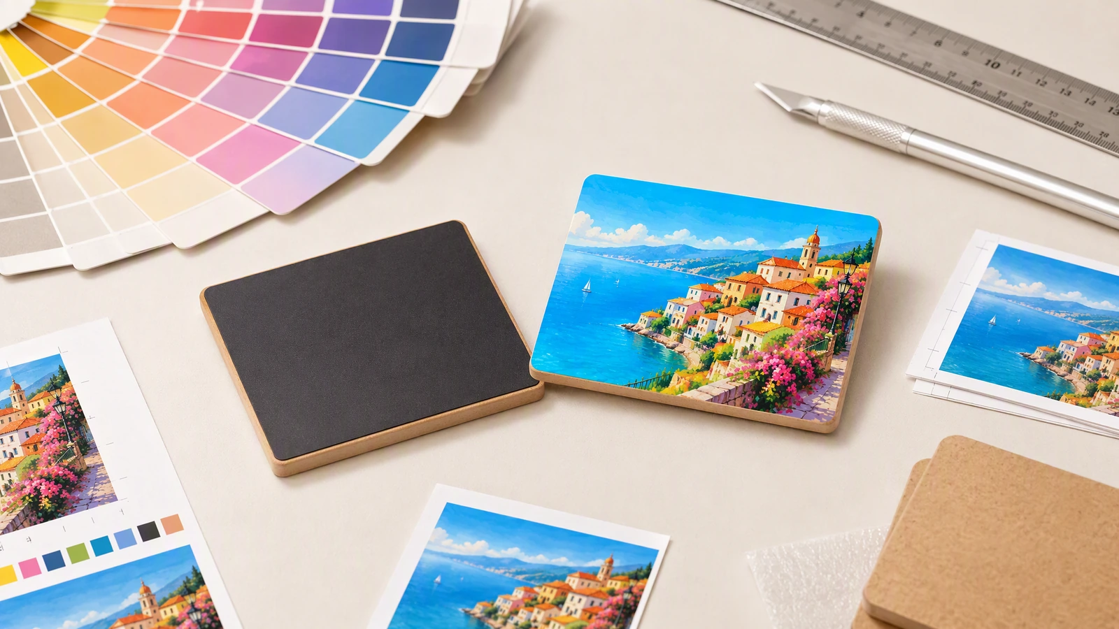 Imán ilustrativo de MDF impreso con escena costera y reverso, junto a muestras de color y referencias impresas