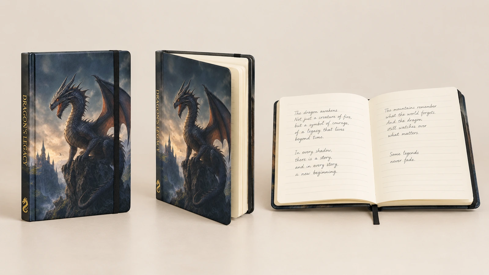 Forma del cuaderno y páginas escritas a mano Cuadernos ilustrativos de pie, parcialmente abiertos y abiertos, con escritura a mano en las páginas
