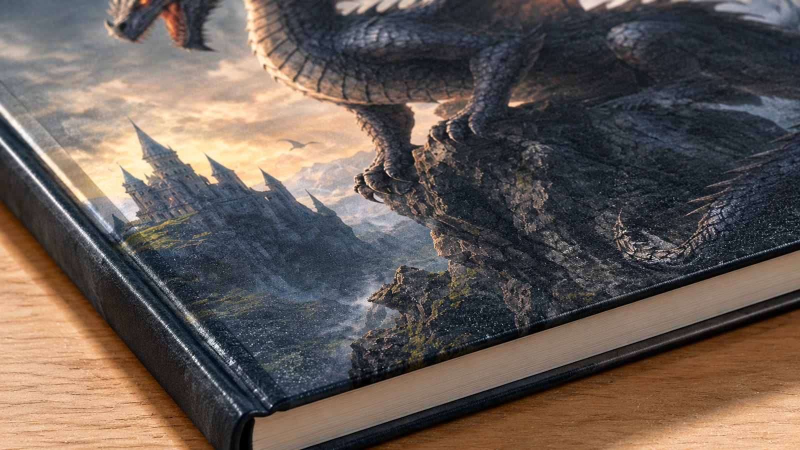 Detalle de la portada y el lomo con dragón Primer plano ilustrativo de la portada, el lomo y los cantos de las páginas de un cuaderno con estampado de dragón