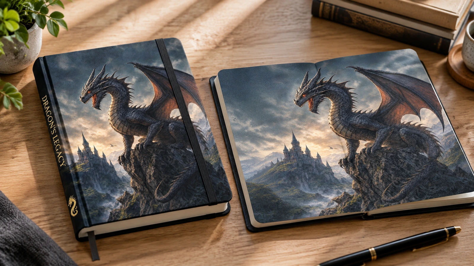 Cuaderno con dragón y doble página ilustrada Cuaderno ilustrativo con diseño de dragón junto a una doble página abierta con paisaje y dragón sobre un escritorio de madera