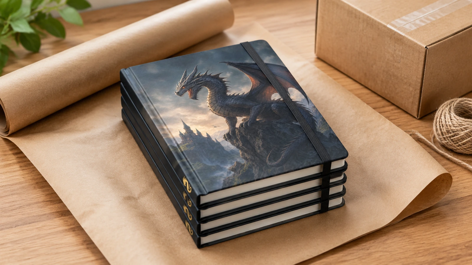 Cuadernos con dragón y materiales de embalaje Cuadernos ilustrativos apilados con diseño de dragón y gomas elásticas junto a una caja de cartón y papel kraft