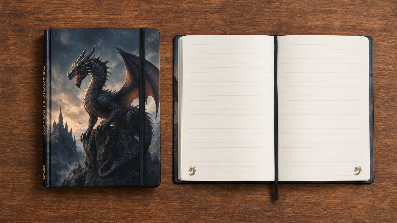 Portada con dragón y páginas de cuaderno rayado Cuaderno ilustrativo cerrado con diseño de dragón junto a un cuaderno rayado abierto con marcapáginas de cinta