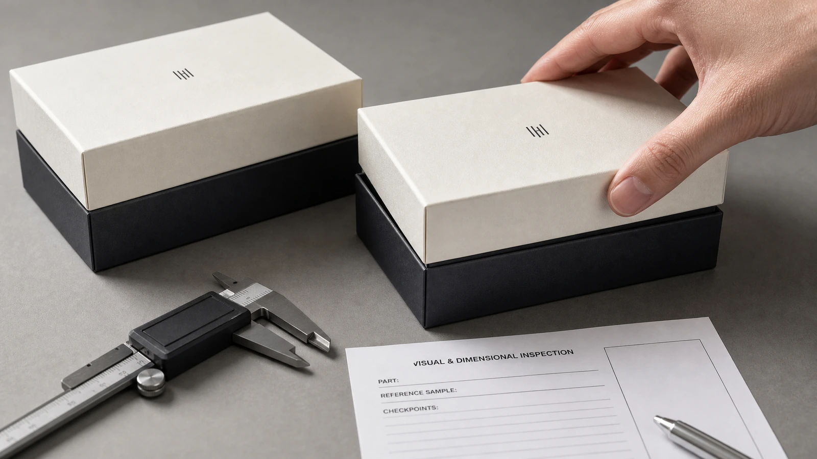 Cajas rígidas de regalo ilustrativas protegidas dentro de una caja exterior junto a una muestra conservada para reposición