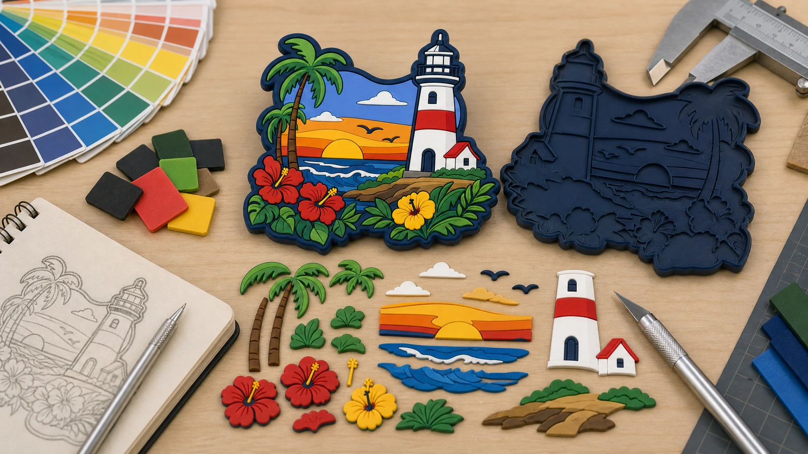 Presentación del diseño y los componentes de imanes de PVC moldeado Imán de PVC con diseño de faro, ilustrativo: cara sin color y piezas de color por separado junto a un boceto y un calibre