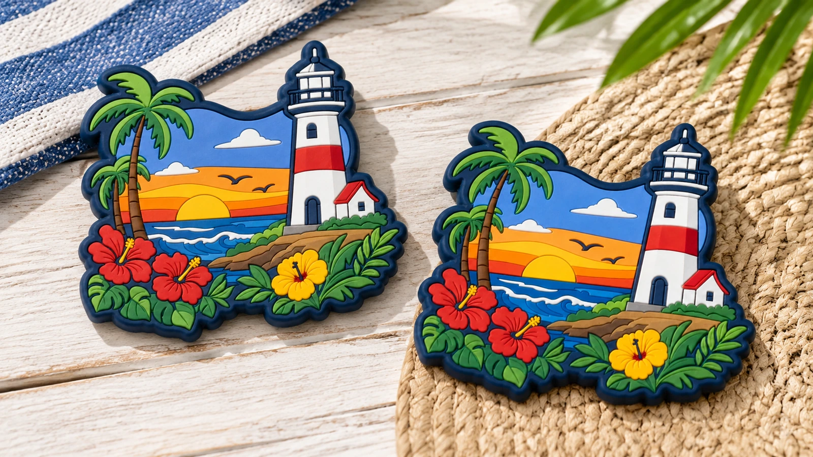 Dos imanes de PVC con diseño de faro Par ilustrativo de imanes de PVC con diseño de faro sobre madera y tela tejida