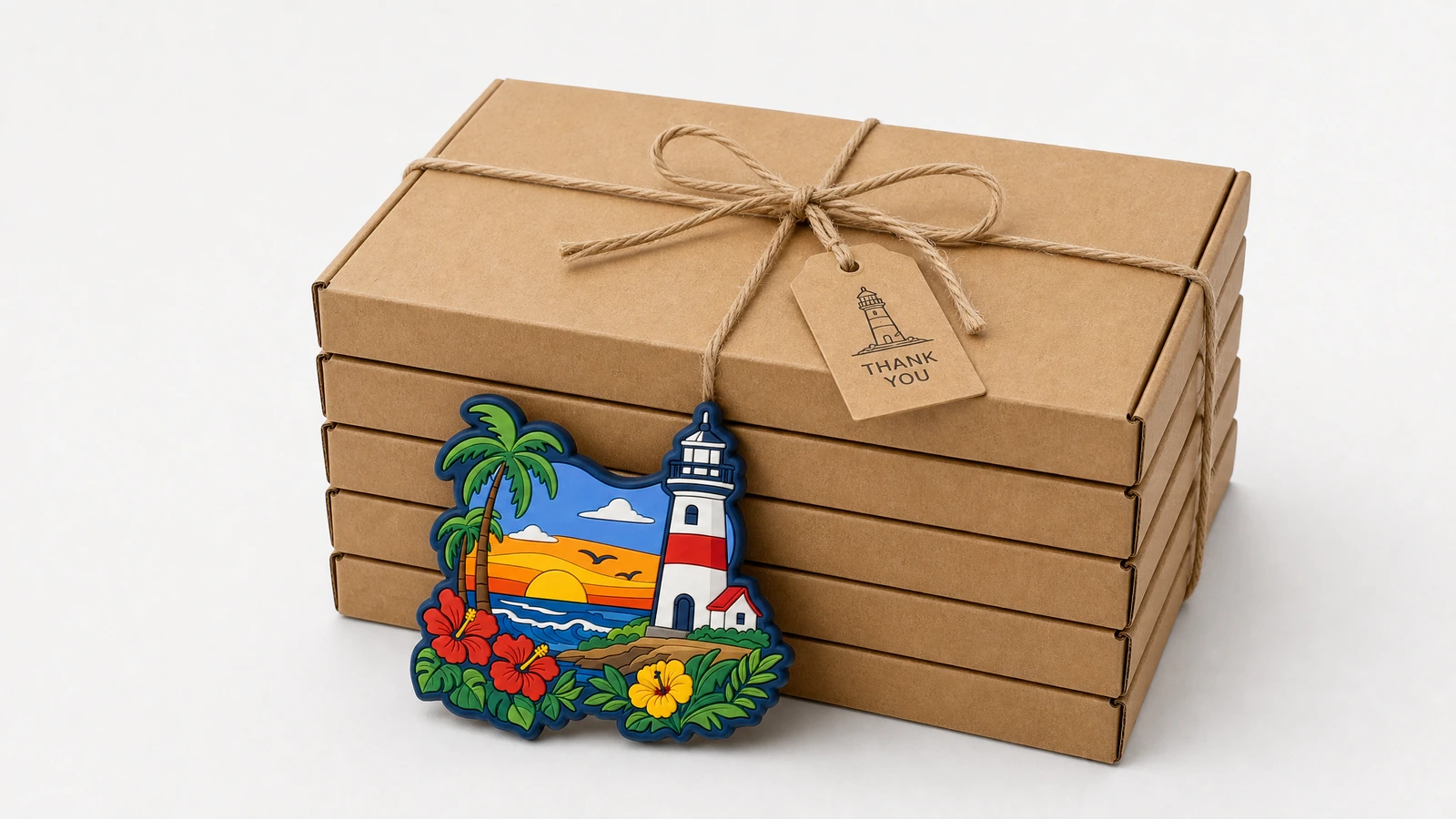 Imán de PVC junto a cajas de regalo Imán ilustrativo con diseño de faro junto a cajas de regalo de kraft apiladas y atadas con cordel