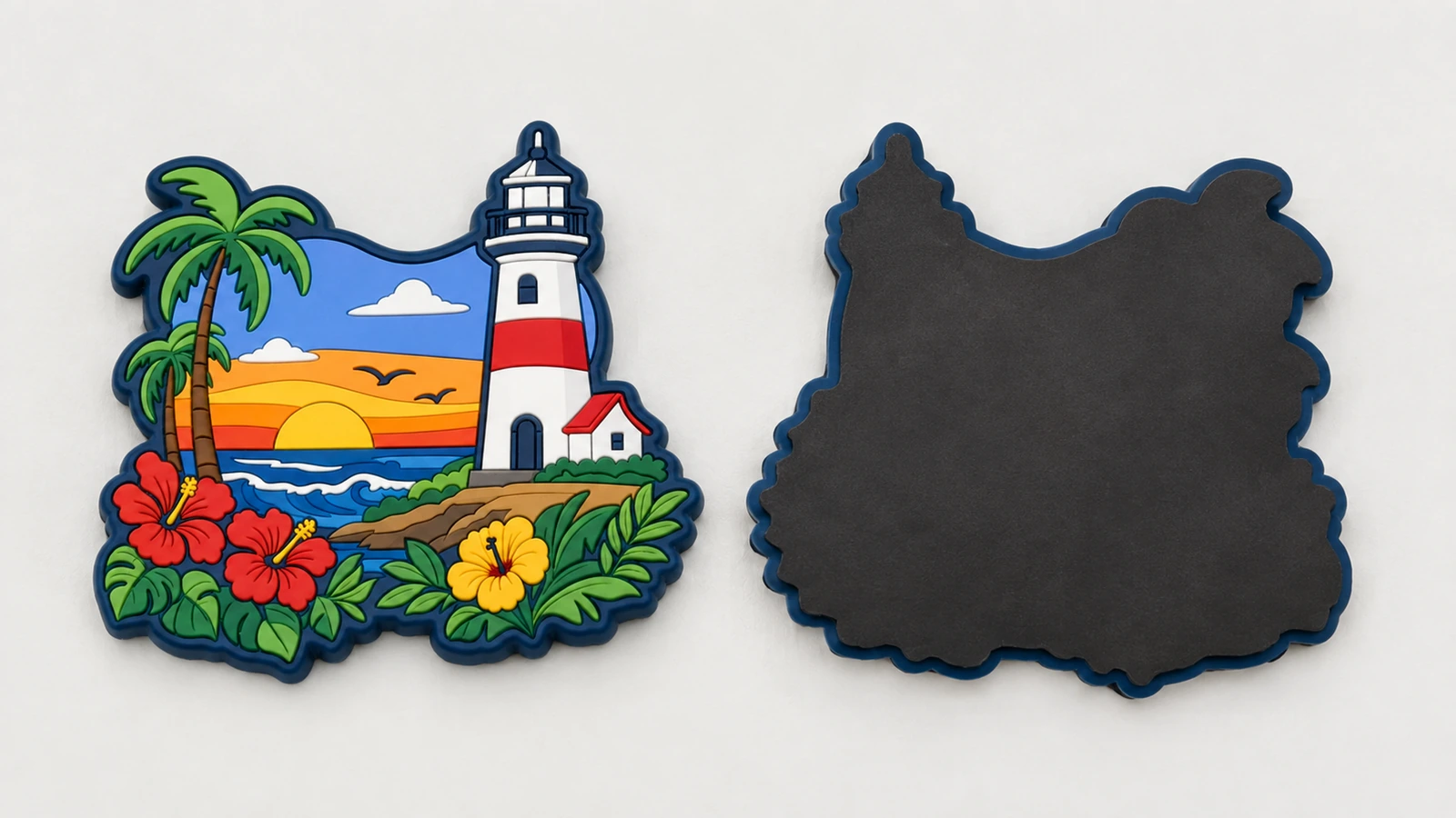 Imán de PVC blando, cara frontal y reverso Imán ilustrativo con diseño de faro, cara frontal junto a un reverso oscuro liso