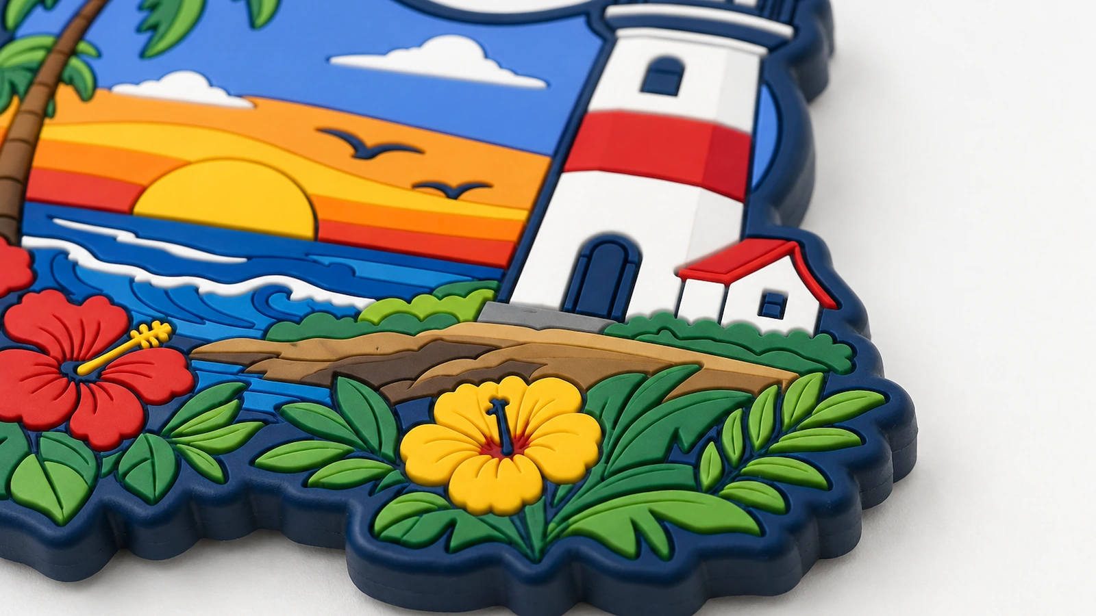 Detalle de la cara de PVC moldeado Primer plano ilustrativo del faro en relieve, flores y detalles de atardecer en un imán de PVC