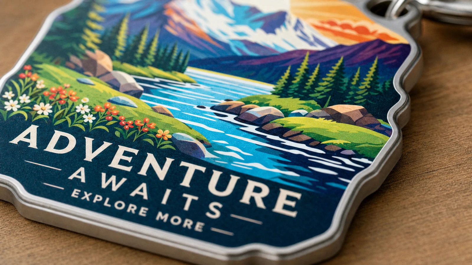 Primer plano de un llavero de paisaje con forma que muestra montañas, un río y las palabras "Adventure Awaits"
