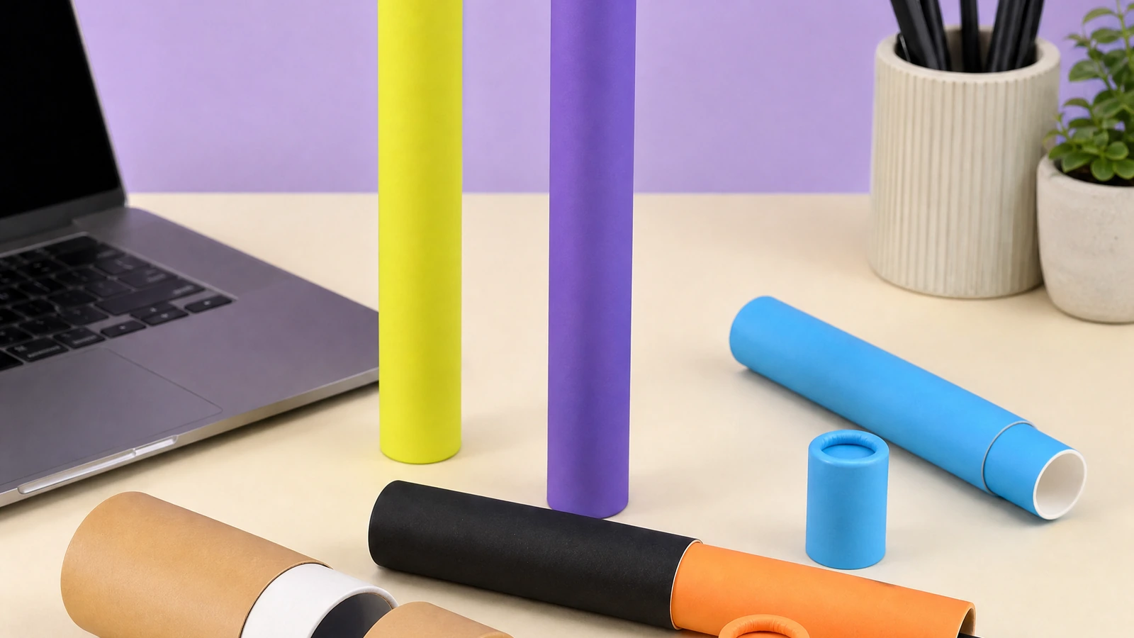Tubos cilíndricos de colores vivos y kraft con extremos abiertos y cerrados sobre un escritorio